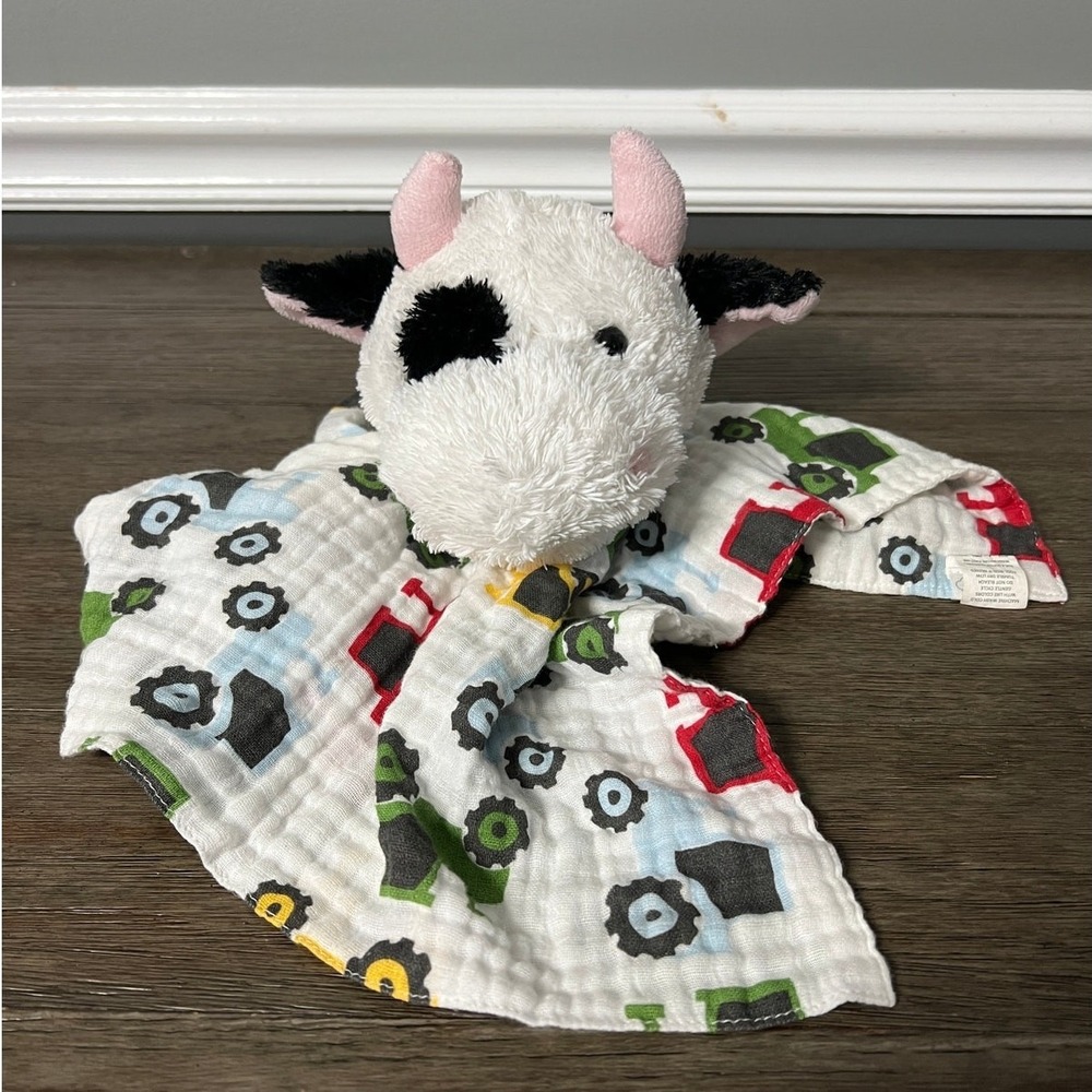 Mud Pie Cow Lovey Security Blanket Muslin Cotton Tractor Farm Print Plush Toy